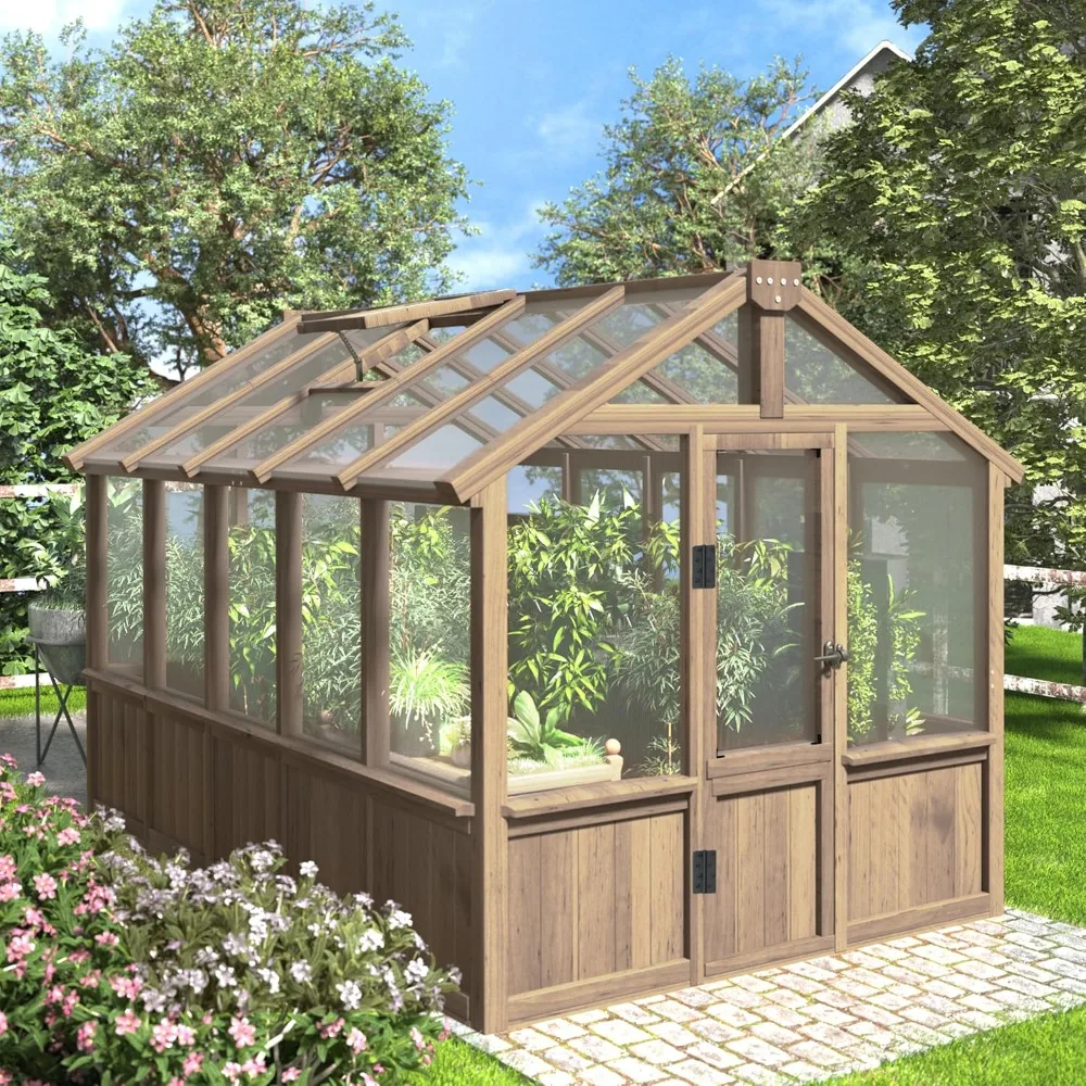 

6' x10' Wood Greenhouse for Outdoors with Lockable Door, Cedar Frame & Adjustable Vent, Wooden Green House with 6MM Thick Polyc
