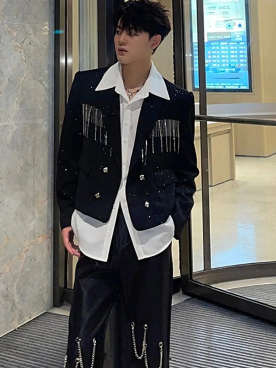 

Bla ort Men's Suit Jaet Casual Chain Trim Design Trendy Spring Autumn Polyester Fiber Warmth Long Sve Regular Fit