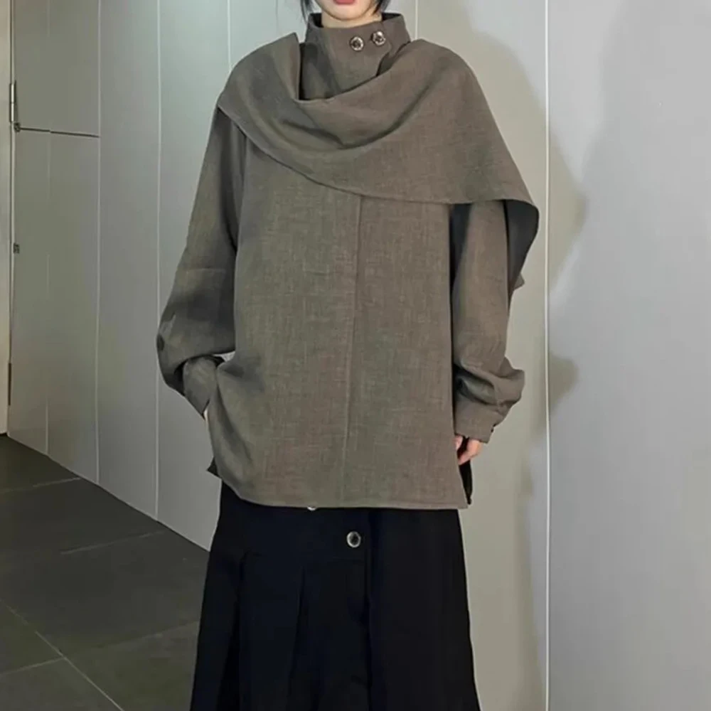 Mens Shirt Stitching Scarf Half Turtleneck Shirt Streetwear Japanese Fashion Campus Performance Long Sleeve Top Men'S Clothing