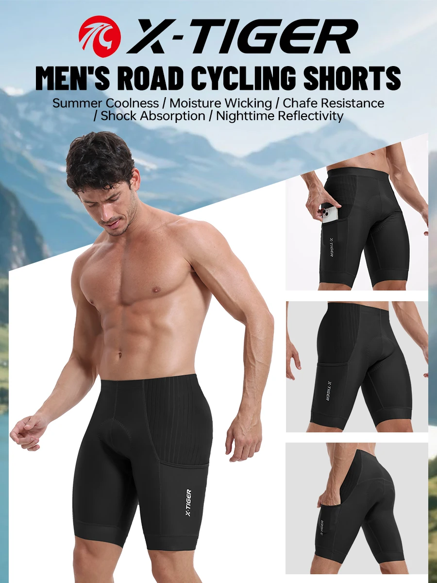X-TIGER Herren-Fahrrad-Radhose, stoßdämpfendes Schwammpolster, MTB-Rennrad-Shorts, Sommer, atmungsaktiv, schmale Passform, Radhose – Detail 1