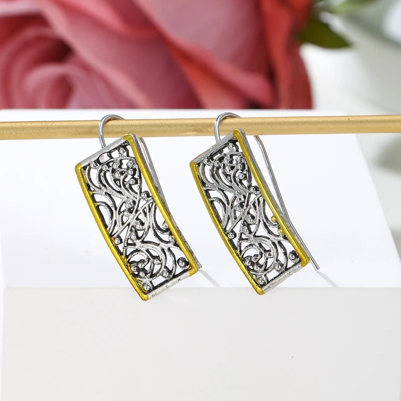 Vintage Silver Hollowed Out Patterned Gold Color Rimmed Earrings Women's Unique Charm Jewelry Holiday Party Accessories Gifts - view 6