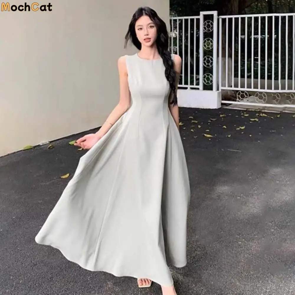 

Длинное платье без рукавов с U-образным вырезом, жилет без рукавов, элегантная однотонная длинная юбка, длинное трапециевидное женское корейское платье, подарок подруге