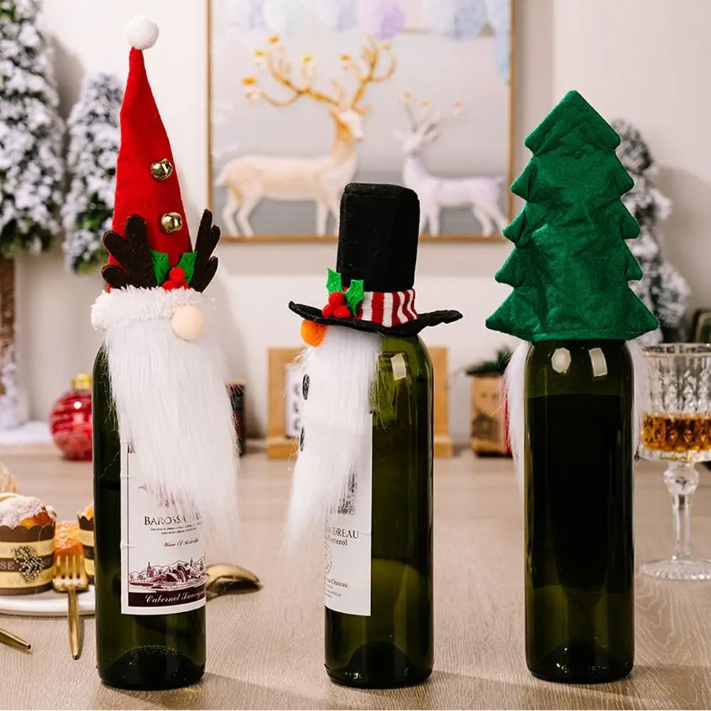 2pcs Cloth Christmas Tree Wine Bottle Covers Exquisite Handmade Christmas Antlers Hat Soft Colorful Wine Cap Venue Layout Props