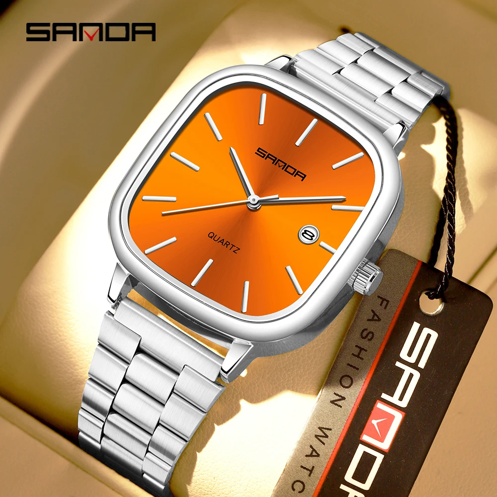 SANDA Luxury Tank Top Couple Watch Stainless Steel Square Dial Waterproof Sports and Leisure Men's and Women's Quartz Watch 3277