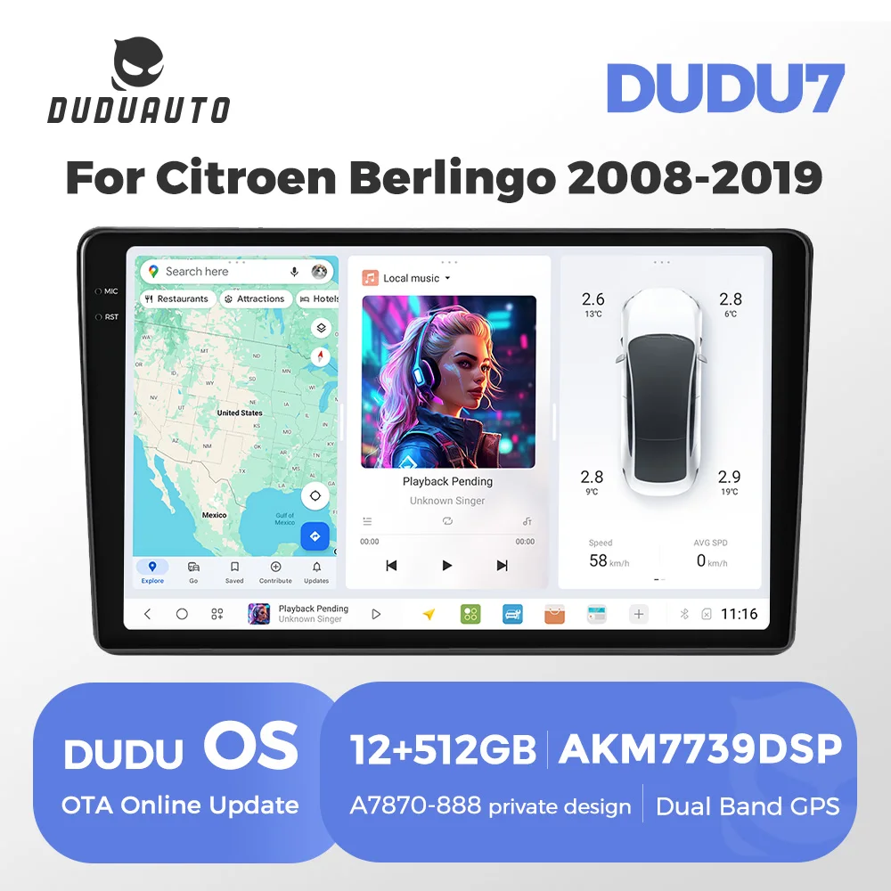 DUDUAUTO DUDU7 AKM7739DSP UIS7870 12GB 512GB autoradio pour citroën Berlingo B9 Peugeot Partner 2008-2019 CarPlay Auto 4G WiFi BT