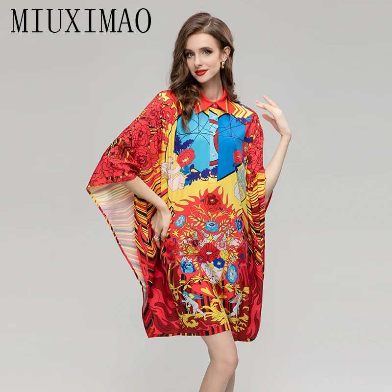 

MIUXIMAO 2023 Fall Dress Sicily Fashion Flower Boat batwing sleeve Dress Women Vestidos Loose Mini Dress