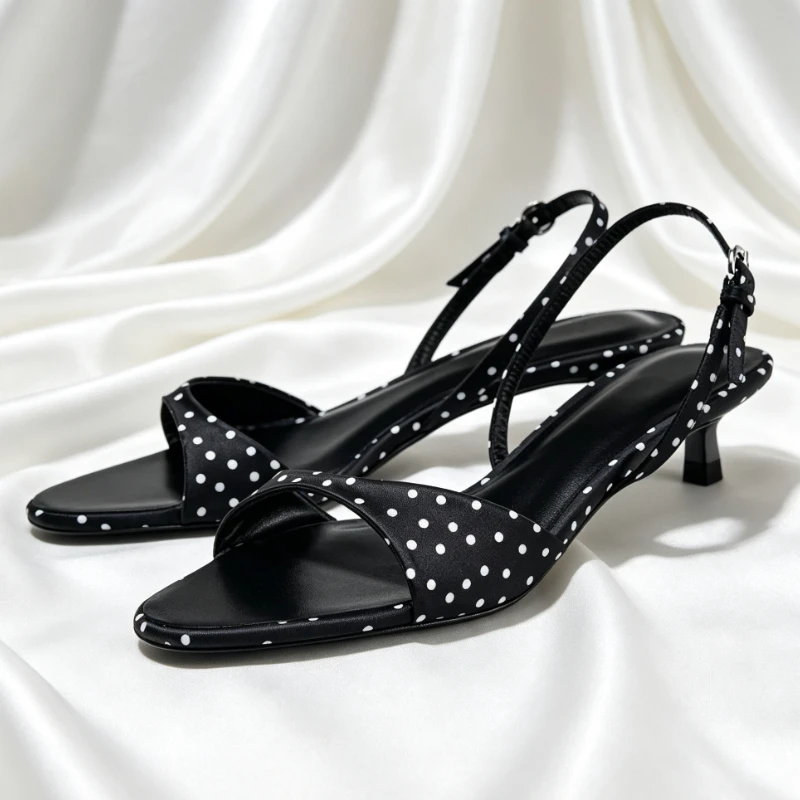 Luxury Satin Kitten Heel Sandals Women Fashion Polka Dot Design Buckle High Heels Fashion Party Comfortable Designer Dress Shoes