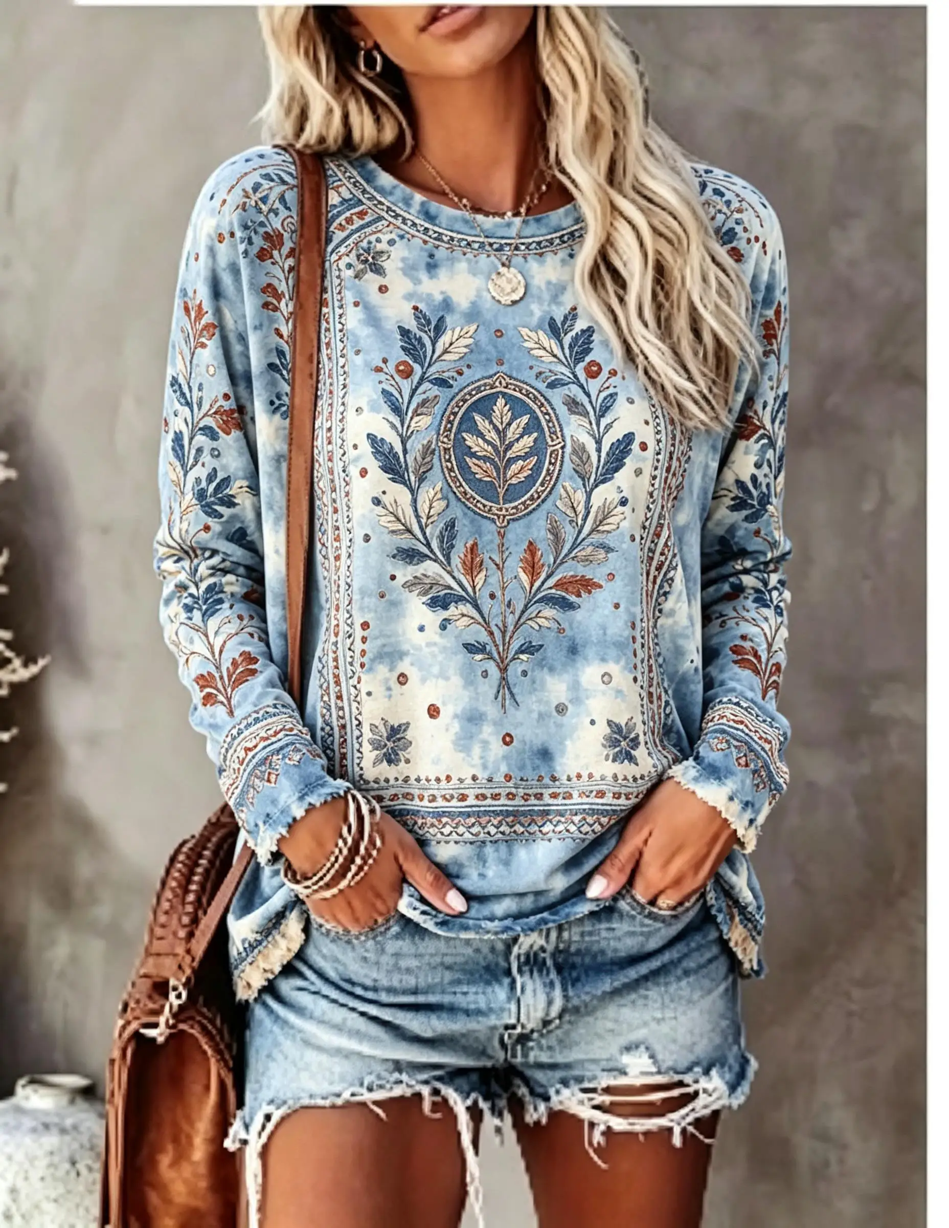 Women Crew Neck Long Sleeve T‑Shirt, Ombre Gradient Botanical Floral Print Casual Loose Pullover Tops