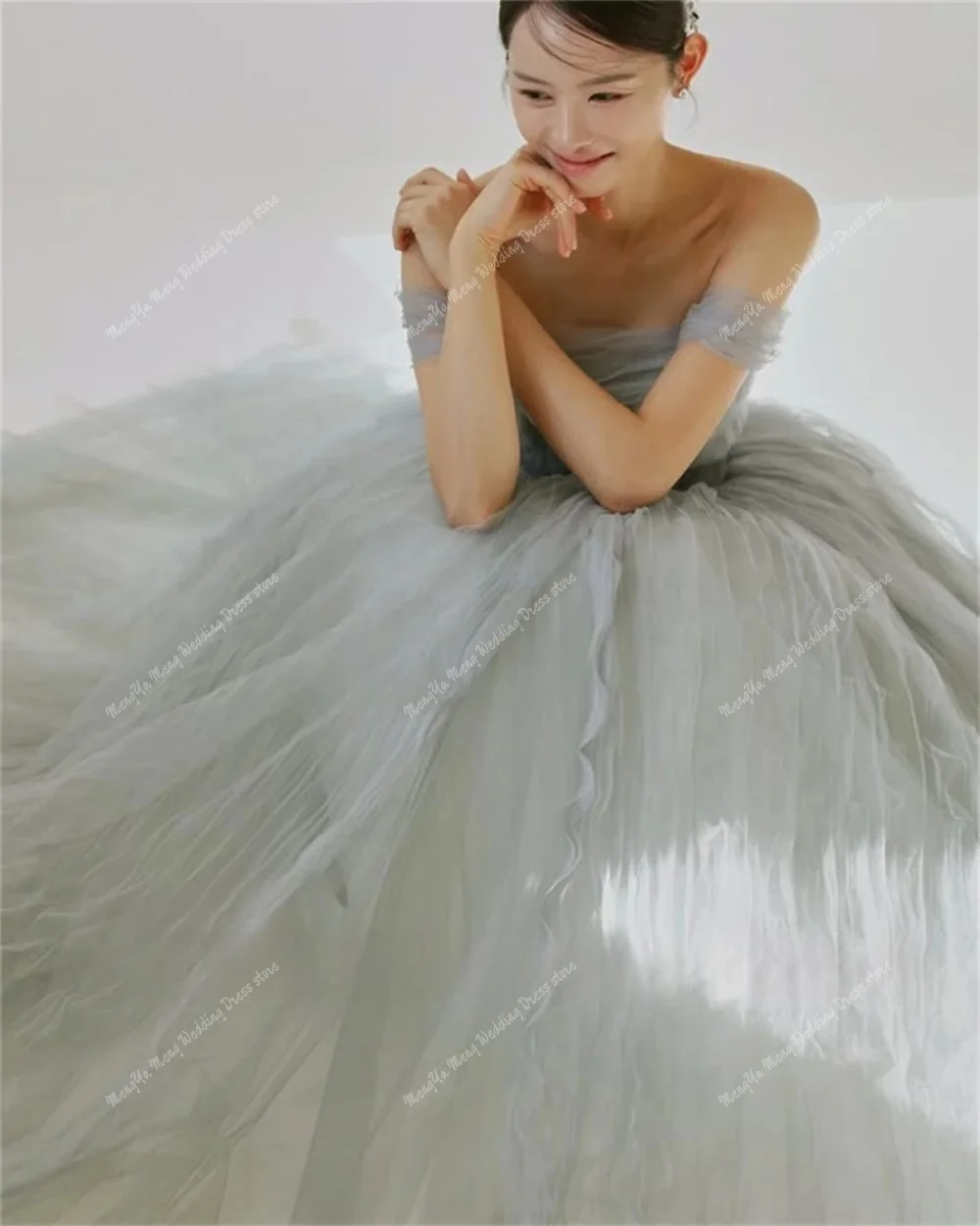 ชุดราตรีแฟนซีทรงเอไลน์สีน้ำเงินสไตล์เจ้าหญิงเกาหลี แบบสั่งตัดได้ สายเดี่ยว ผ้าทูลล์จับจีบ ชุดราตรีงานพรอม ชุดถ่ายภาพงานแต่งงาน ยาวกรอมพื้น