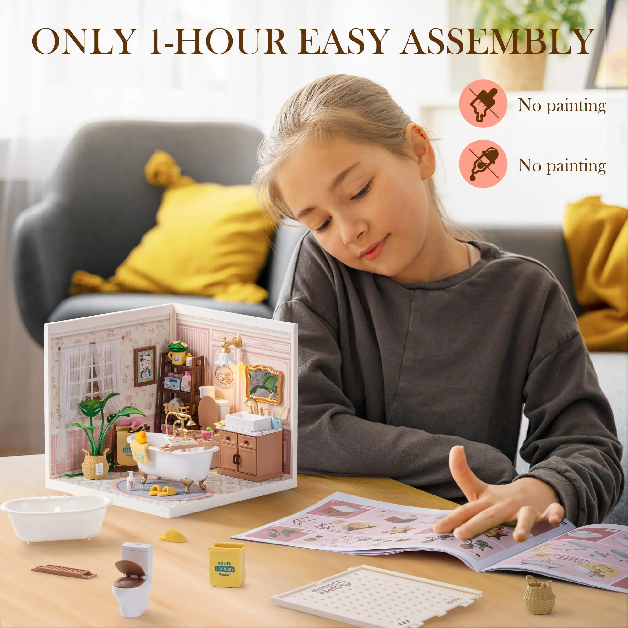 طقم بيت الدمى من ROBOTIME DIY نموذج حمام مصغر، ديكور غرفة الهدايا اليدوية الإبداعية للبالغين والأطفال (فقاعة البوب)