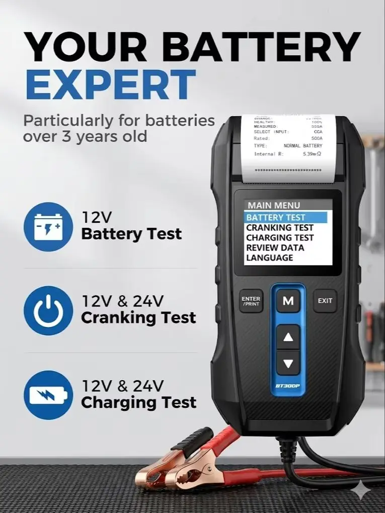 TOPDON BT300P Autobatterietester mit integriertem Drucker 12V 24V 100-2000CCA, Professioneller Kfz-Lichtmaschinen- und Startstrom-Prüfscanner für Blei-Säure-Batterien