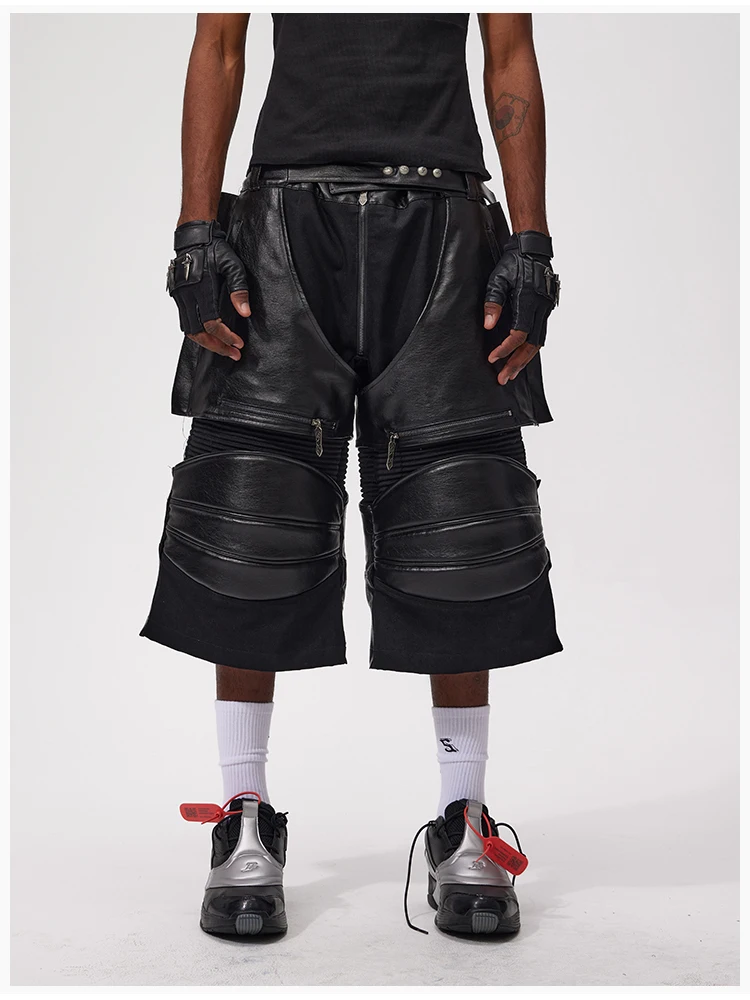 Mauroicardi Spring Summer Cool Black Patchwork Pu Leather Shorts for Men High Waist Zipper Luxury Designer Emo Clothes 2025