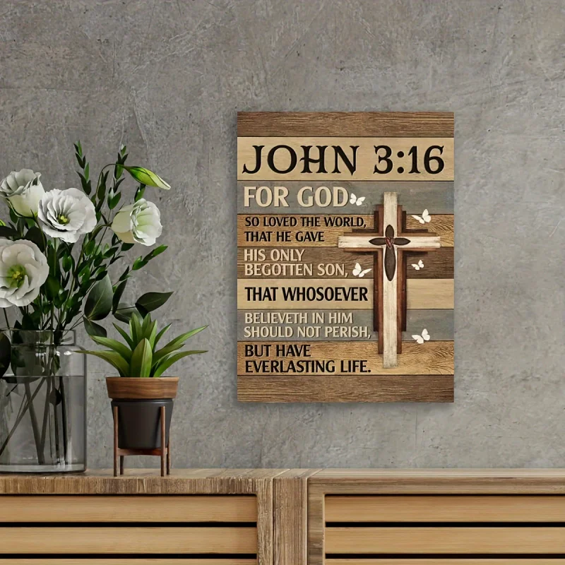 Easter John 3:16 Christian Wall Art - Solid Color 1pc Wooden Scripture Quote Canvas with Cross, Ready to Hang Religious Décor