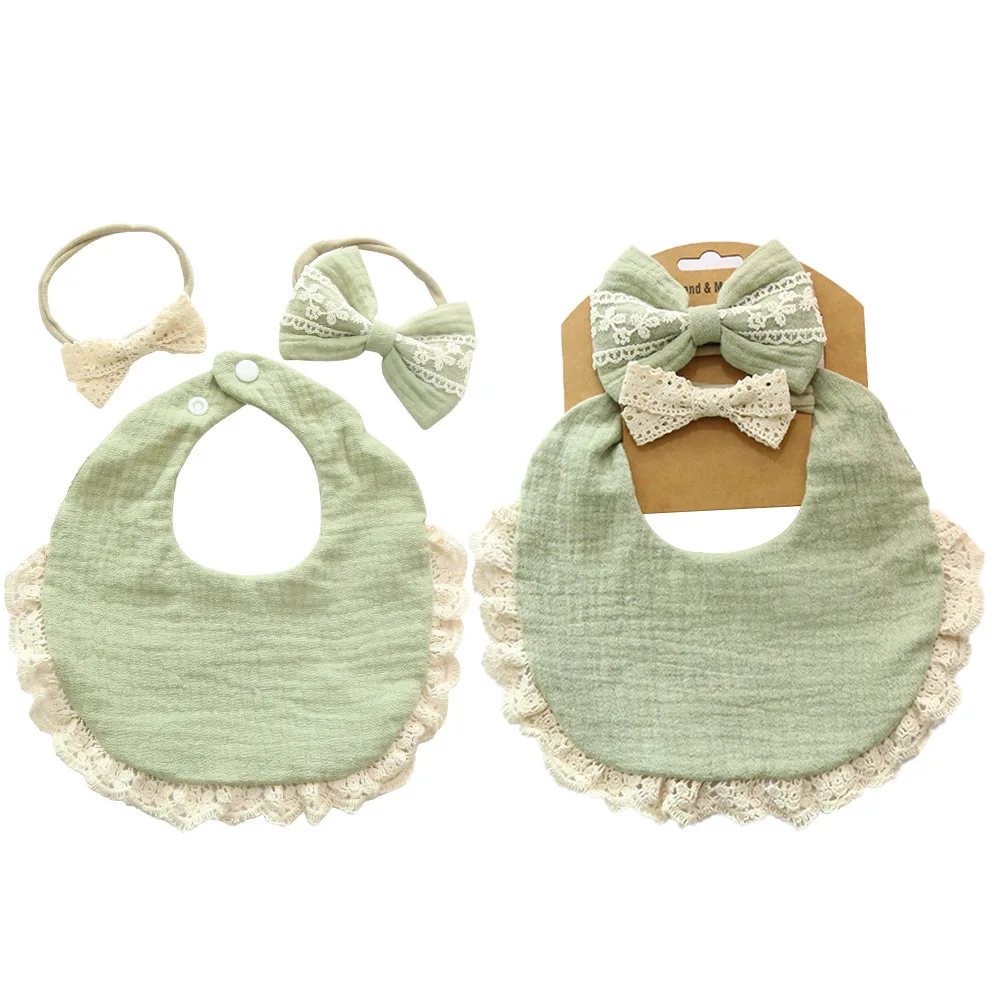 Tassel Lace Muslin Baby Bibs & Headbands 3pcs Set Cotton Infant Boys Girls Feeding Drool Saliva Towel Waterproof Burp Cloth