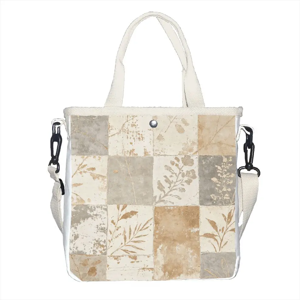 1pc Wabi Sabi Vintage Checkered Botanical Leaf Tote Bag, Adjustable Strap Neutral Shoulder Bag