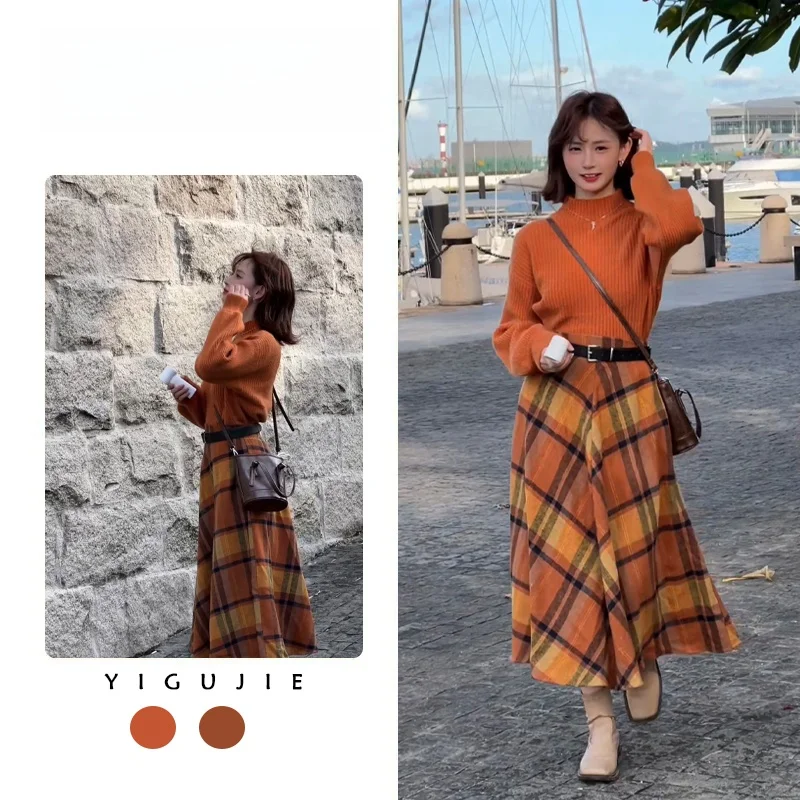 

Осень-зима вязаный желтый свитер и клетчатая юбка женский винтажный комплект из двух предметов с высоким воротником длинный свеч с высокой талией