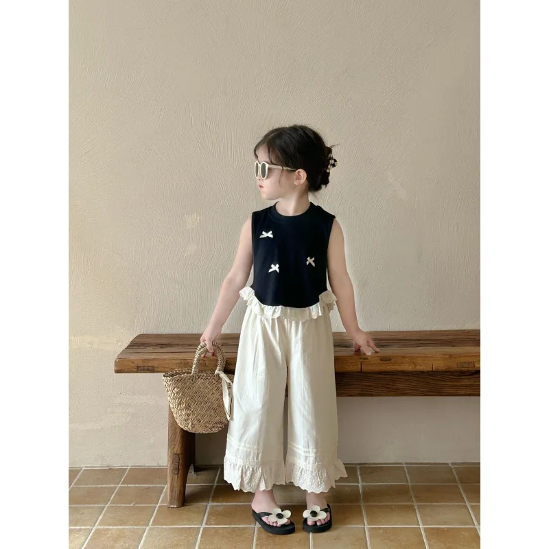 

Girls' cropped pants2024Summer New Children Baggy Straight Trousers Children's Sweet Lace Casual Pants