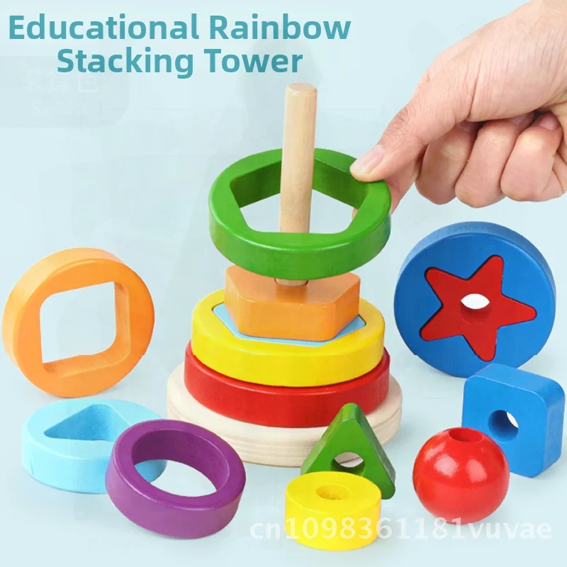 Edukacyjna drewniana wieża tęczowa Jenga - zabawka do dopasowywania kształtów i nauki kolorów dla dzieci w wieku 3-6 lat, warstwowy design w kształcie koła dla