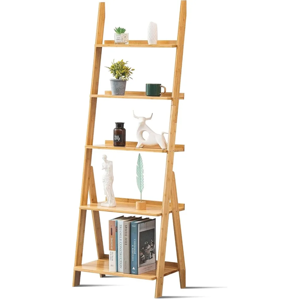 

5-Tier Bamboo Ladder Shelf Ladder Bookshelf Plant & Flower Stand Bookcase, Freestanding Storage Rack Organizer Display