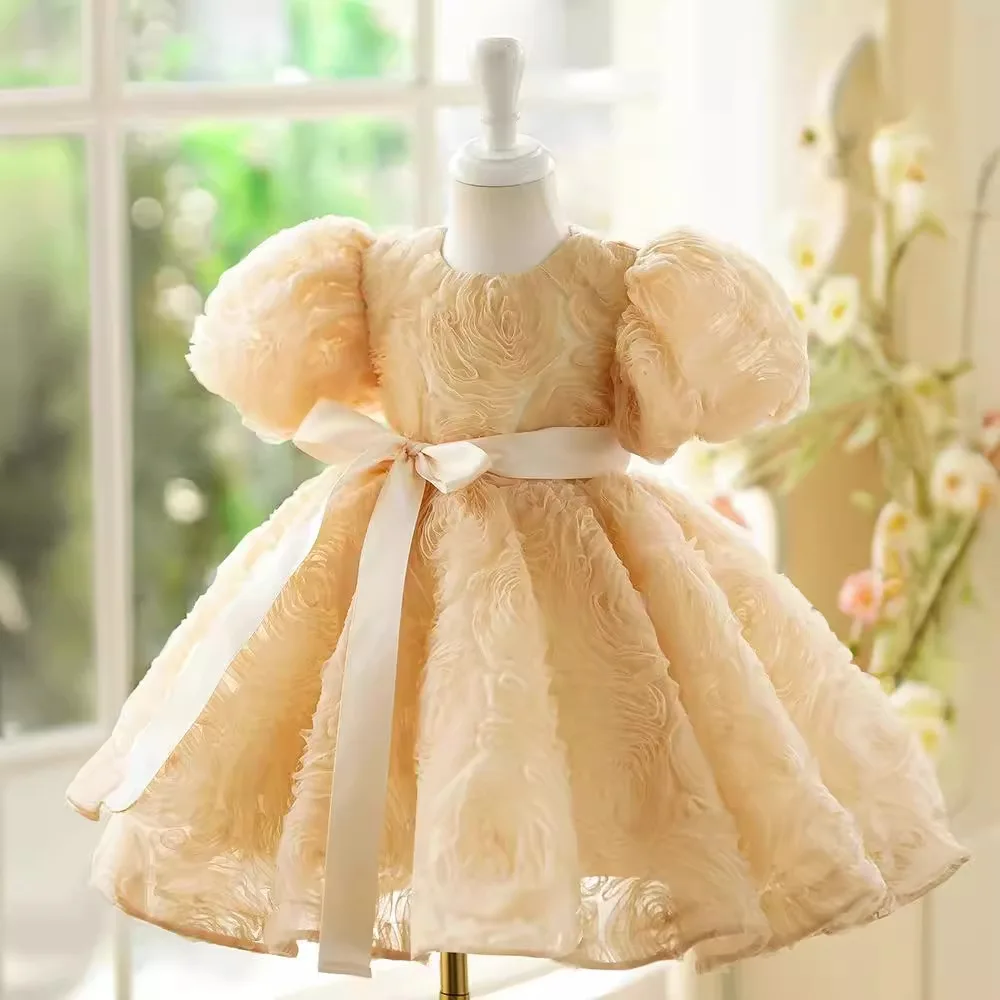 Vestidos de flores hinchados para niña, vestido hasta la rodilla con purpurina para fiesta de boda, lazo para bebé, cumpleaños, desfile, tutú de Ballet, 2024