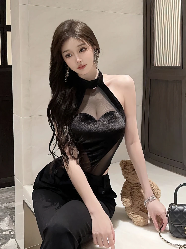 Black Sexy Mesh Patchwork Halter Neck Shiny Bodysuit Women Sleeveless Off Shoulder Top Korean Chic Bodycon Backless Playsuits