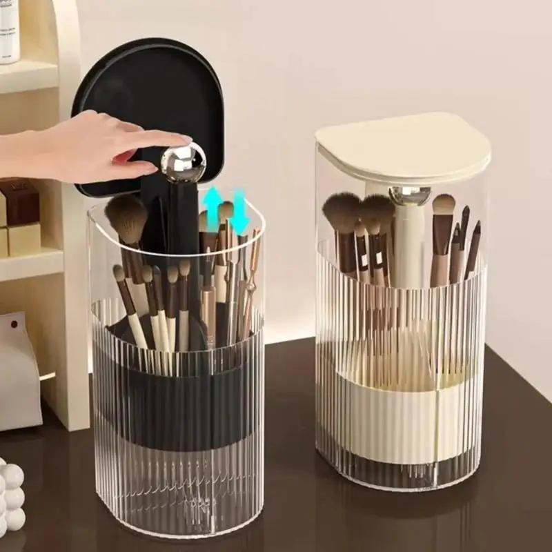 Automatic Lifting Makeup Brush Holder Dustproof Lid Cosmetic Storage Box for Brushes Lipsticks Desktop Vanity Makeup Organizer
