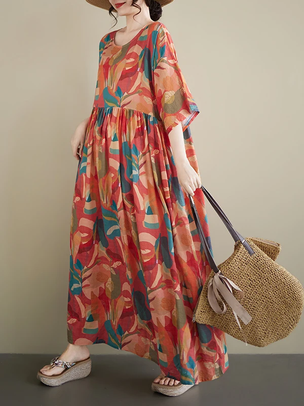 

Bohemian Style plus Size Printed Dress Knee-Length Short Sleeve round Neck A-Line Skirt Cotton Summer Fashion Citywalk