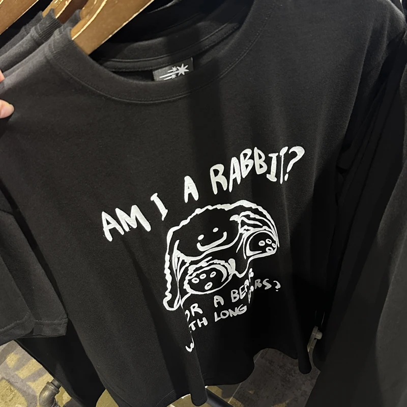 

Повседневная простая футболка Niceghostclub с милым мультяшным принтом кролика, черная хлопковая футболка высокого качества с короткими рукавами для мужчин и женщин