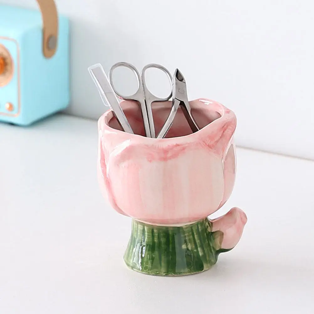 Ceramic Makeup Brush Organizer Holder Exquisitely Made Stable Bottom Smooth Surface Cute Appearance Desktop Makeup Brush Pot