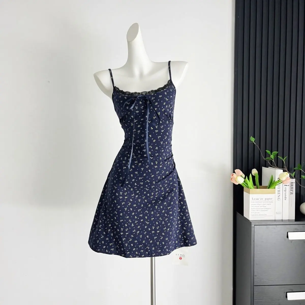 Women's Bodycon Navy Floral Camisole Dress And Plain Knit Cardigan Set Petite Slim Fit Fall Outfit Chic Vacation Cover-Up Spring