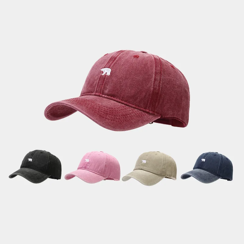 Unisex Korean Retro Washed Baseball Cap with Bear Embroidery Adjustable Spring Summer Travel Sun Protection Hat for Men & Women
