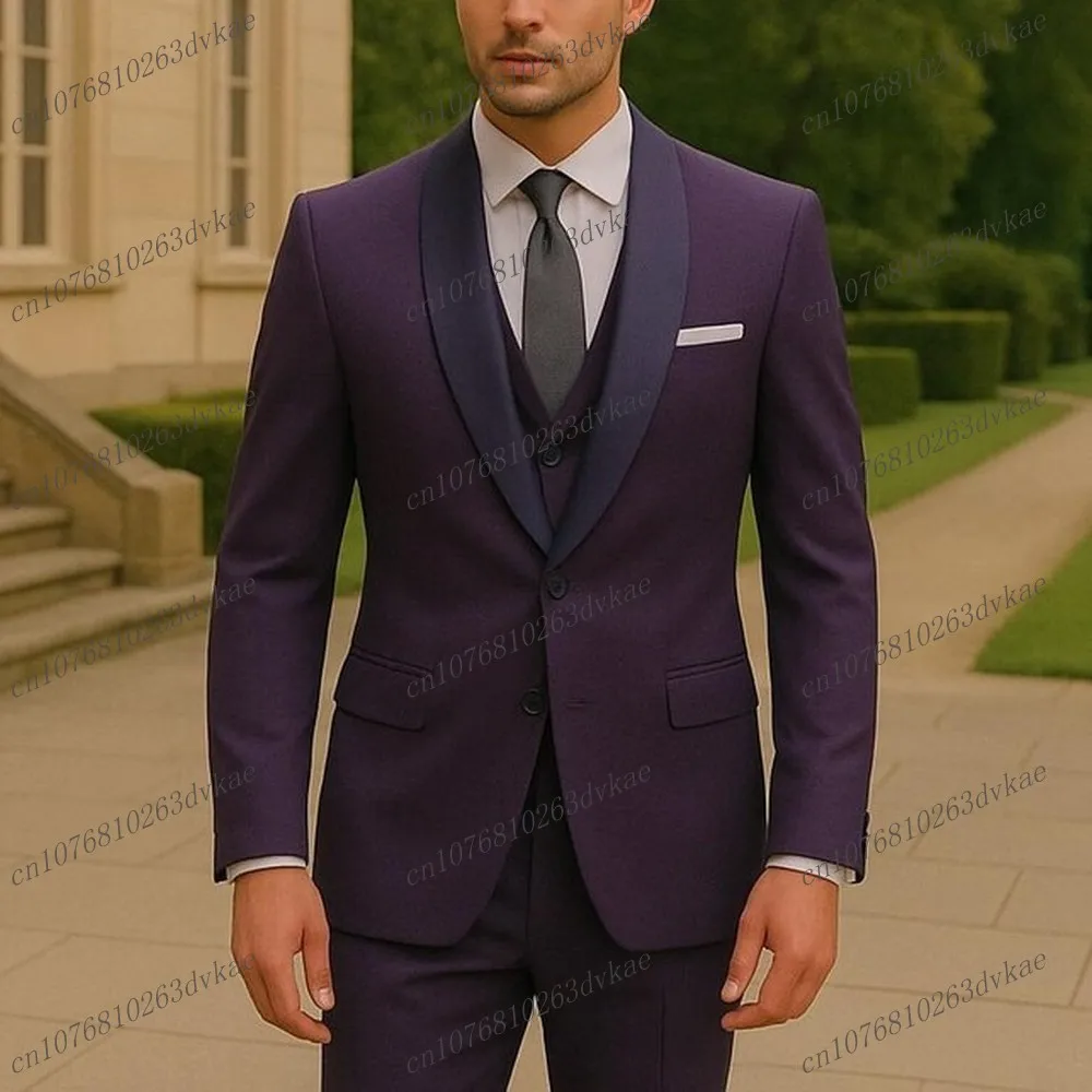 

New Purple Men Suit Wedding Party Formal Groom Groomsman Prom Business Male Tuxedos 3 Piece Set Jacket Vest Pants
