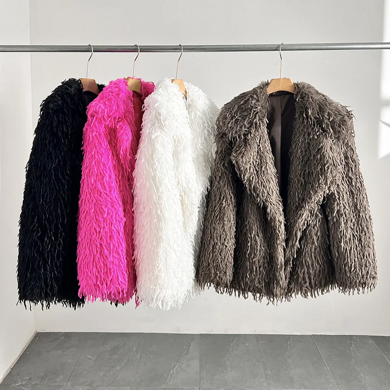 Otoño Invierno piel esponjosa manga larga chaqueta de Color sólido prendas de vestir exteriores 2025 Retro piel sintética Tops espesar chaquetas largas cálidas abrigos