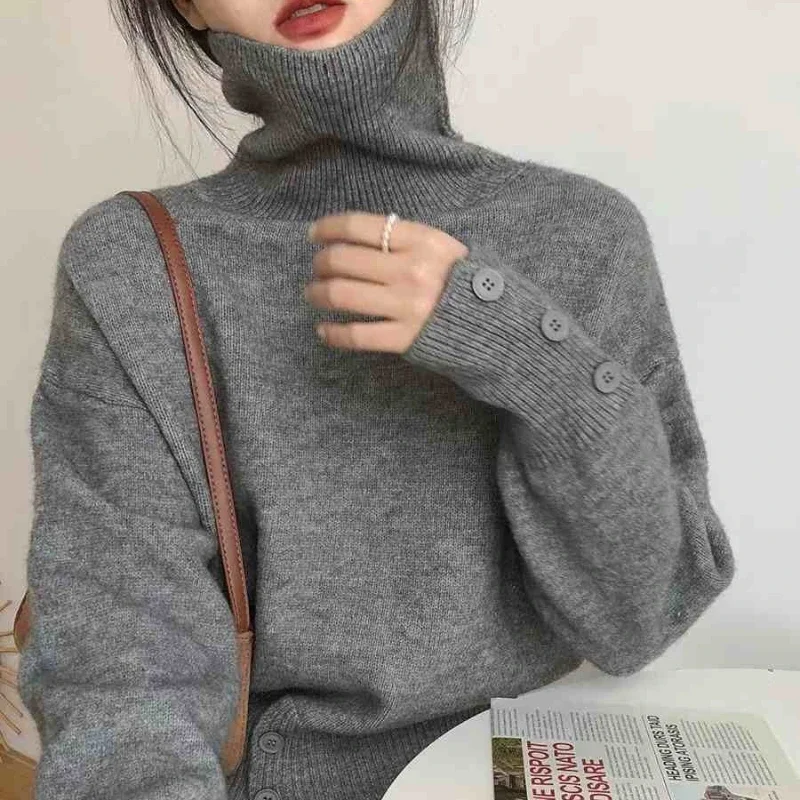 

Winter New Elegant Turtleneck Pullover Sweater For Women 2025 Casual Long Sleeve Knit Top Autumn Fashion Hem Button Sweater