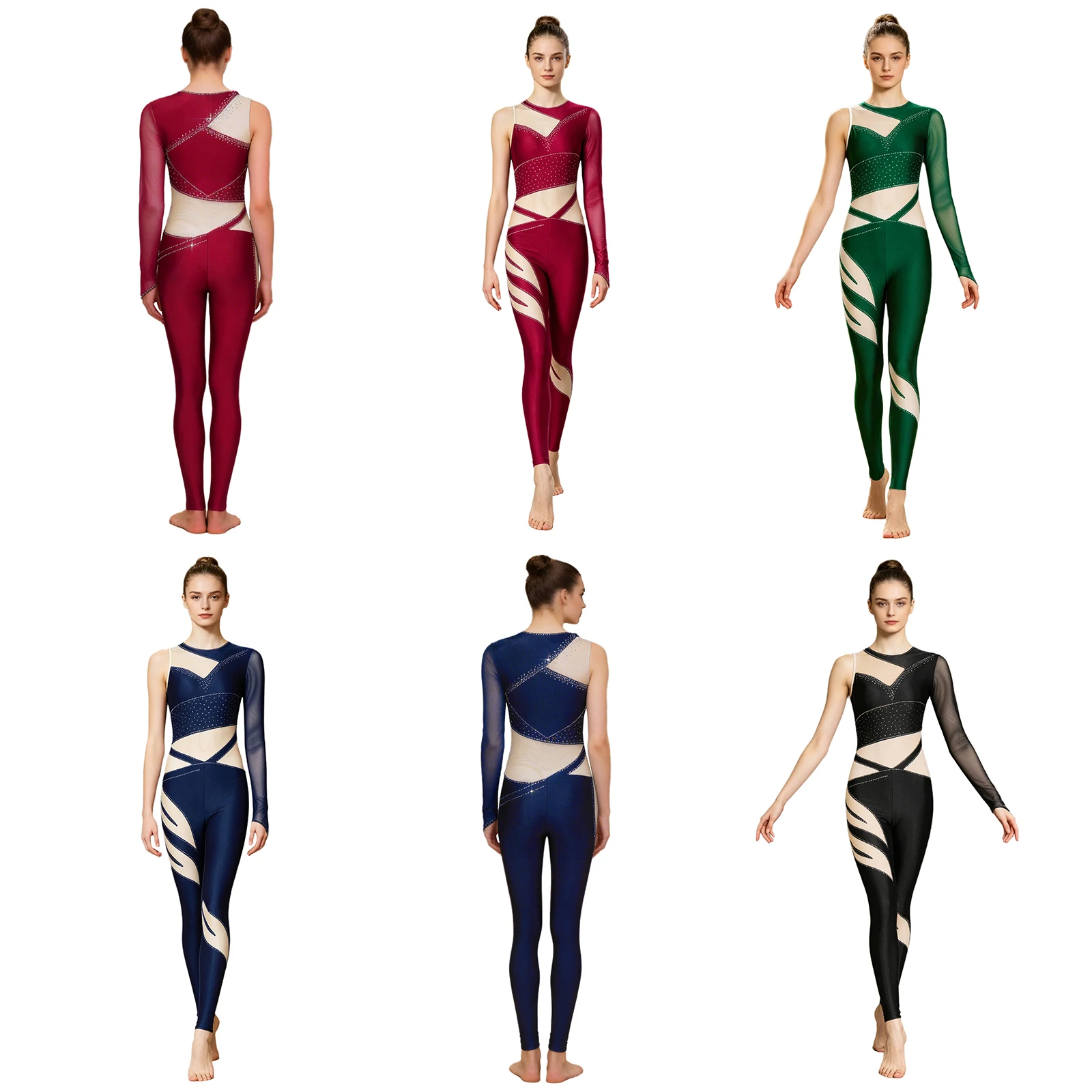 Women Figure Skating Performance Jumpsuit Gymnastics Ballet Dance Acrobatics Leotard One Shoulder Sheer Mesh Rhinestone Unitard