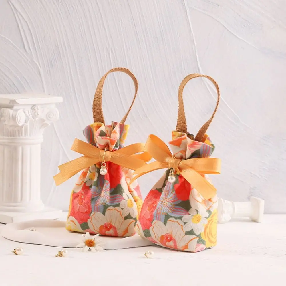 Floral Rose Flower Drawstring Bag Tulip Pearl Pendant Ins Canvas Wrist Bag Satin Bow Large Capacity Festive Sugar Bag Festival