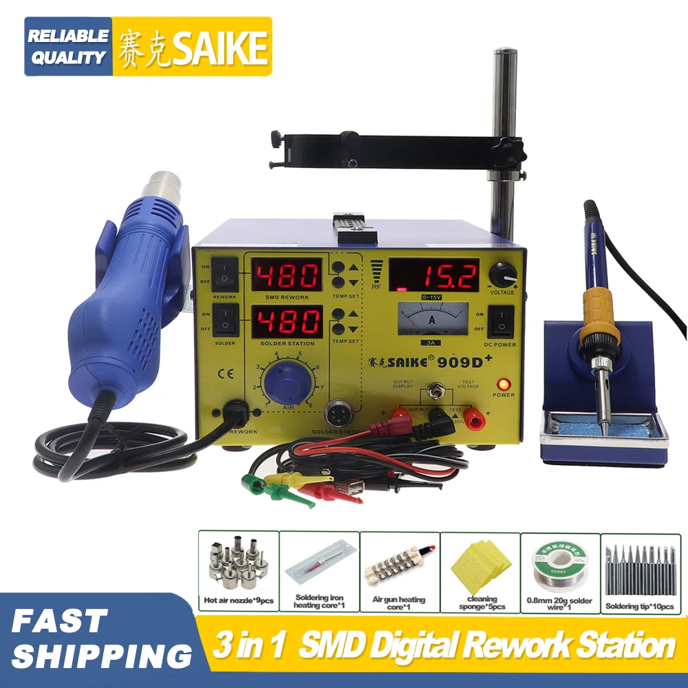 SAIKE 909D+ 3 in 1 Rework Station Hot Air Soldering Station DC Power Supply 15V 3A Digital Display High Power, Rapid Temperature