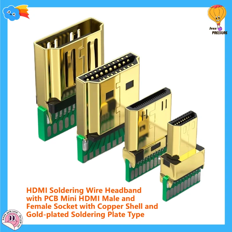 Mini HDMI Male to Female Soldering Wire Headband with PCB Copper Shell Gold-Plated Soldering Plate Type for Audio Video Connecti