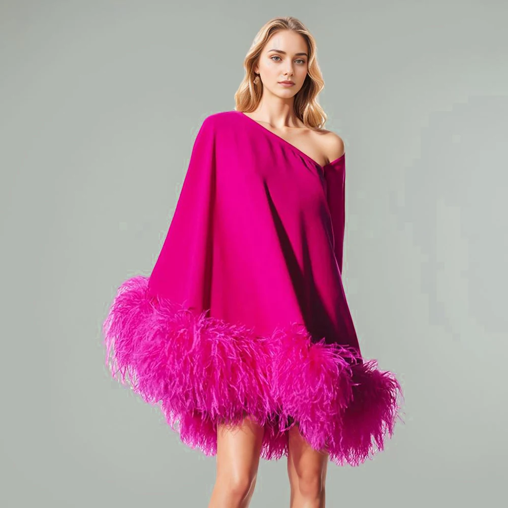 Oversize Mini Dresses For Women Diagonal Collar Long Sleeve Off One Shoulder Spliced Feathers Solid Formal Dress Female