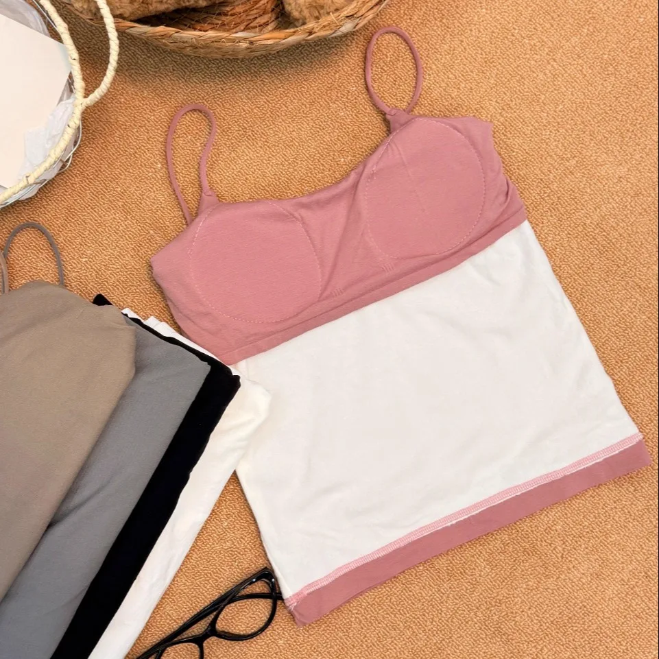 Early Autumn New Sweet Style Seamless Fleece Lined Slimming Women's Tank Top Warmth Fixed Strap Chest Pad Versatile Nylon Cas...