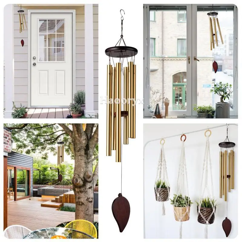 Metal Wind Chime Six Tuned Tube Vintage Bronze Leaf Carved Graceful Poetry Retro Window Decor Garden Patio Hanging Ornament