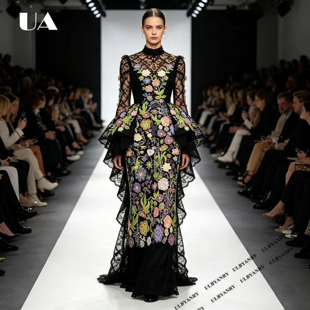 

2026 New Exquisite Flower Embroidery Turtleneck Evening Dress, Elegant Ruffled Prom Dress, Customized Long Sleeve Party Dress