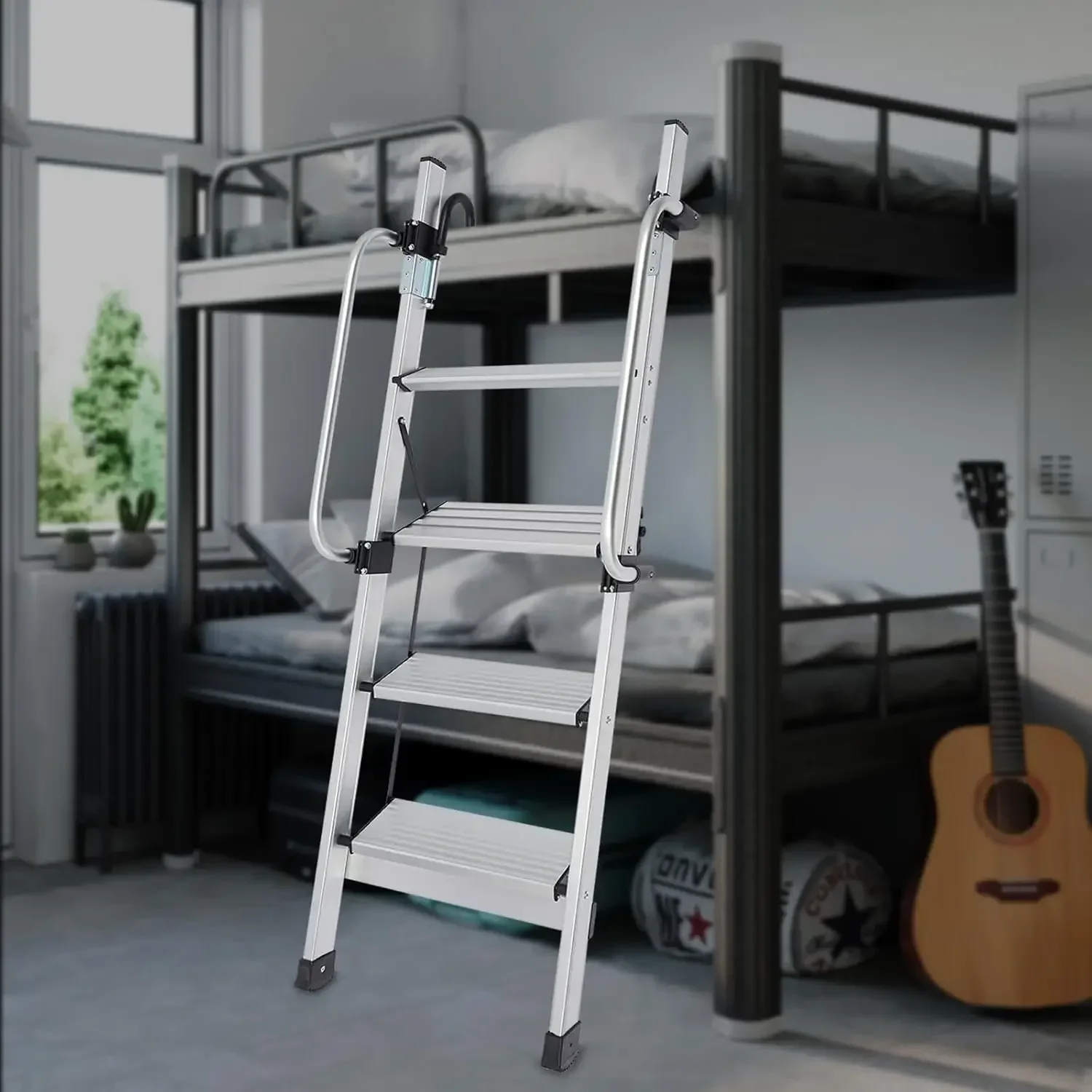 

Aluminum Bunk Bed Ladder, 4 Step Ladder With Adjustable Handrails Hooks, Foldable 4 Step Hook-On Bunk Bed Ladder With Folding