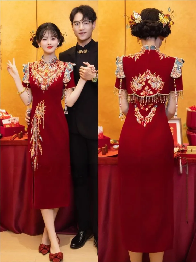 New Chinese-style heavy industry cheongsam toasting style for velvet clothing