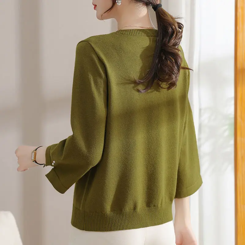 Fashion All-match Solid Color Beading Knitted Pullovers 2023 Spring Summer Elegant Temperament 3/4 Sleeve Sweaters for Female