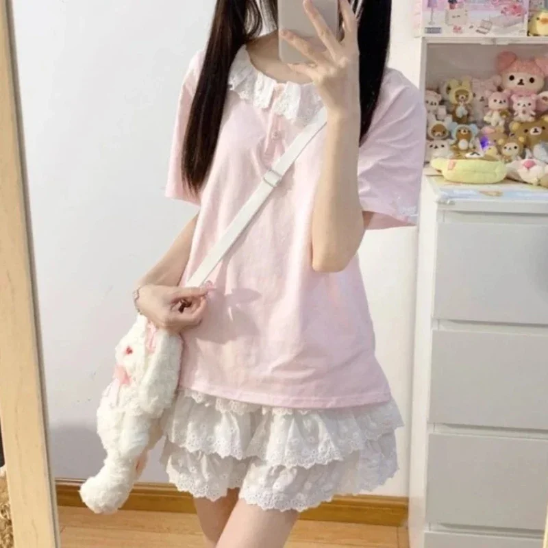 

Japanese Cute Sweet Lace Top Layered Bow Puffy Mini Skirt Soft Pink Pretty Style Kawaii Harajuku Y2K Girl Skirt Set
