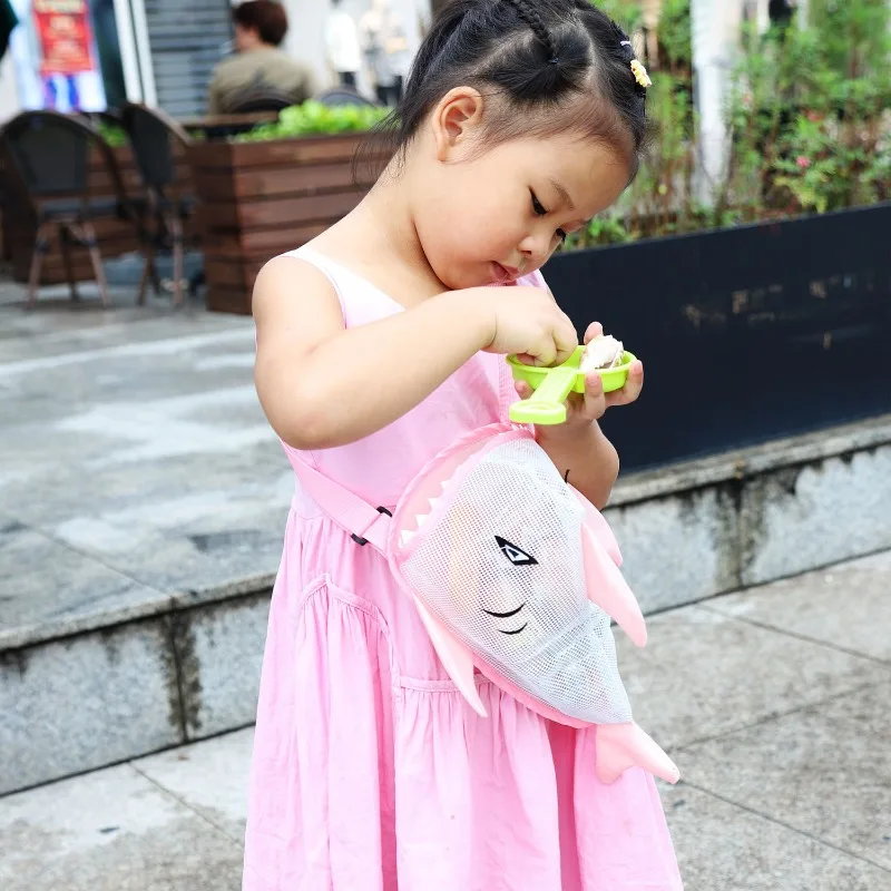 Kids Shark Beach Bag Summer Cartoon Mesh Bag Shell Backpack Nylon Lightweight Waterproof with Adjustable Strap for Pool Travel