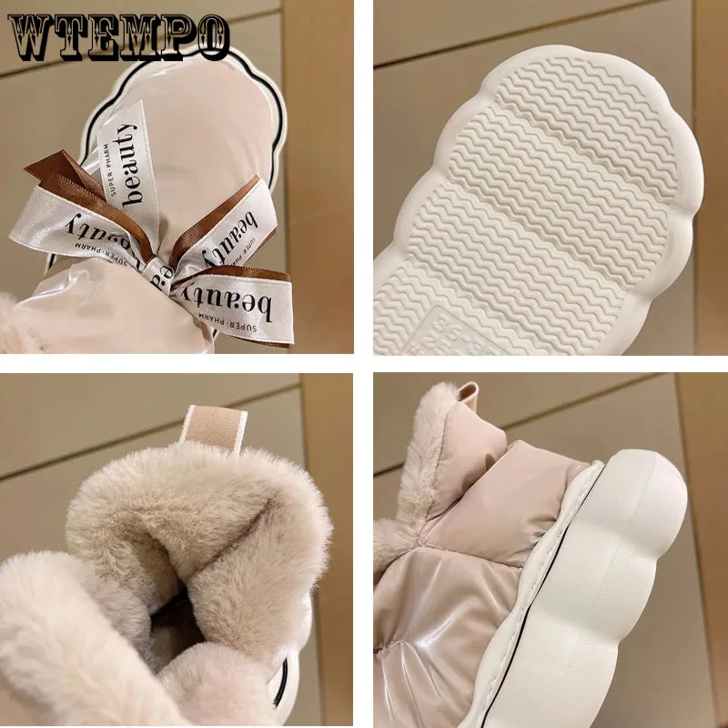 Black PU Leather Snow Boots Cute Lace Up Bow Plush Warm Women Cotton Shoes Thick Flat Sole Waterproof Winter Casual PreppyStyle