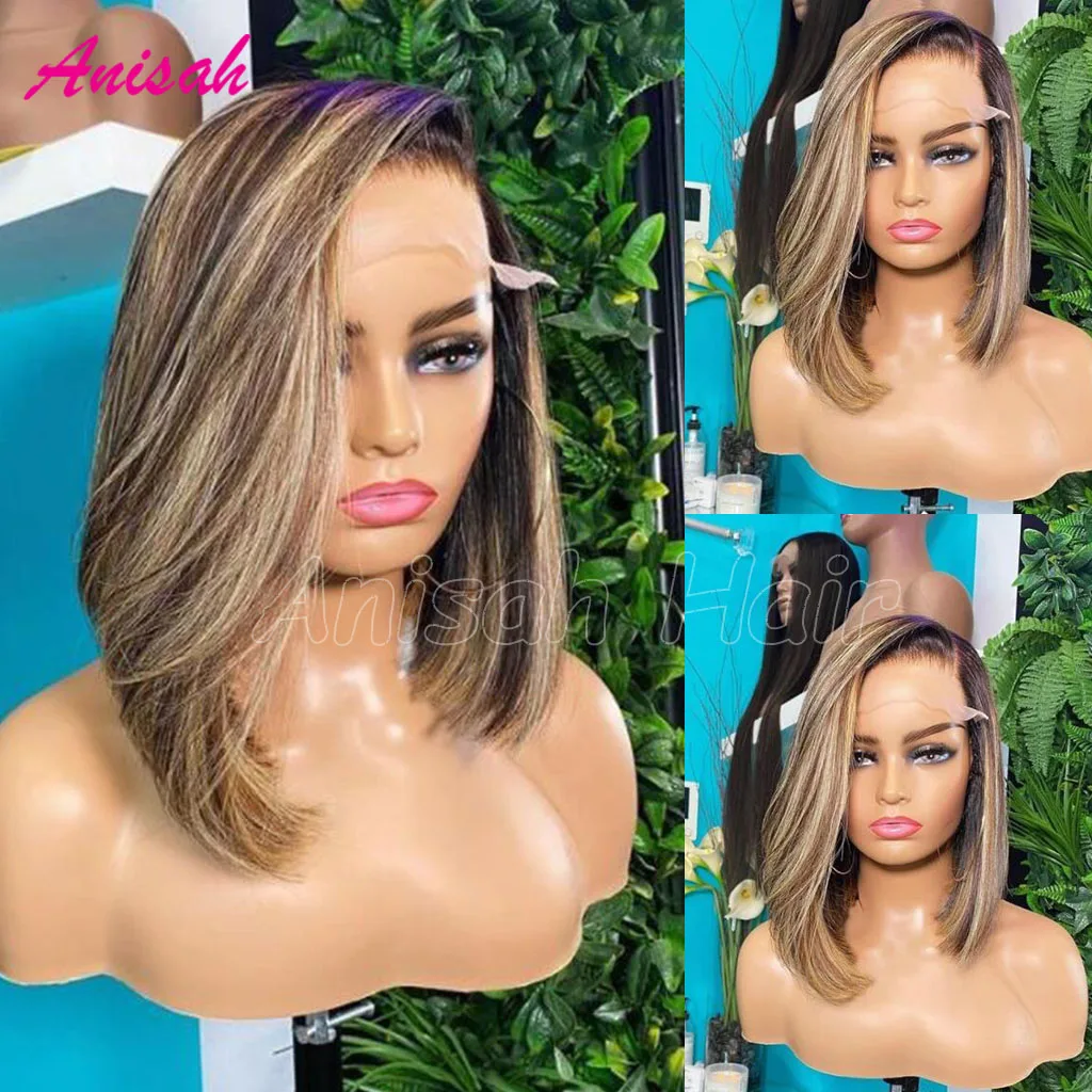 

Lace Front Highlight Bob Human Hair Wig Ombre Blond 13x4 Lace Front Wig Preplucked Straight Human Hair Short Bob Wig