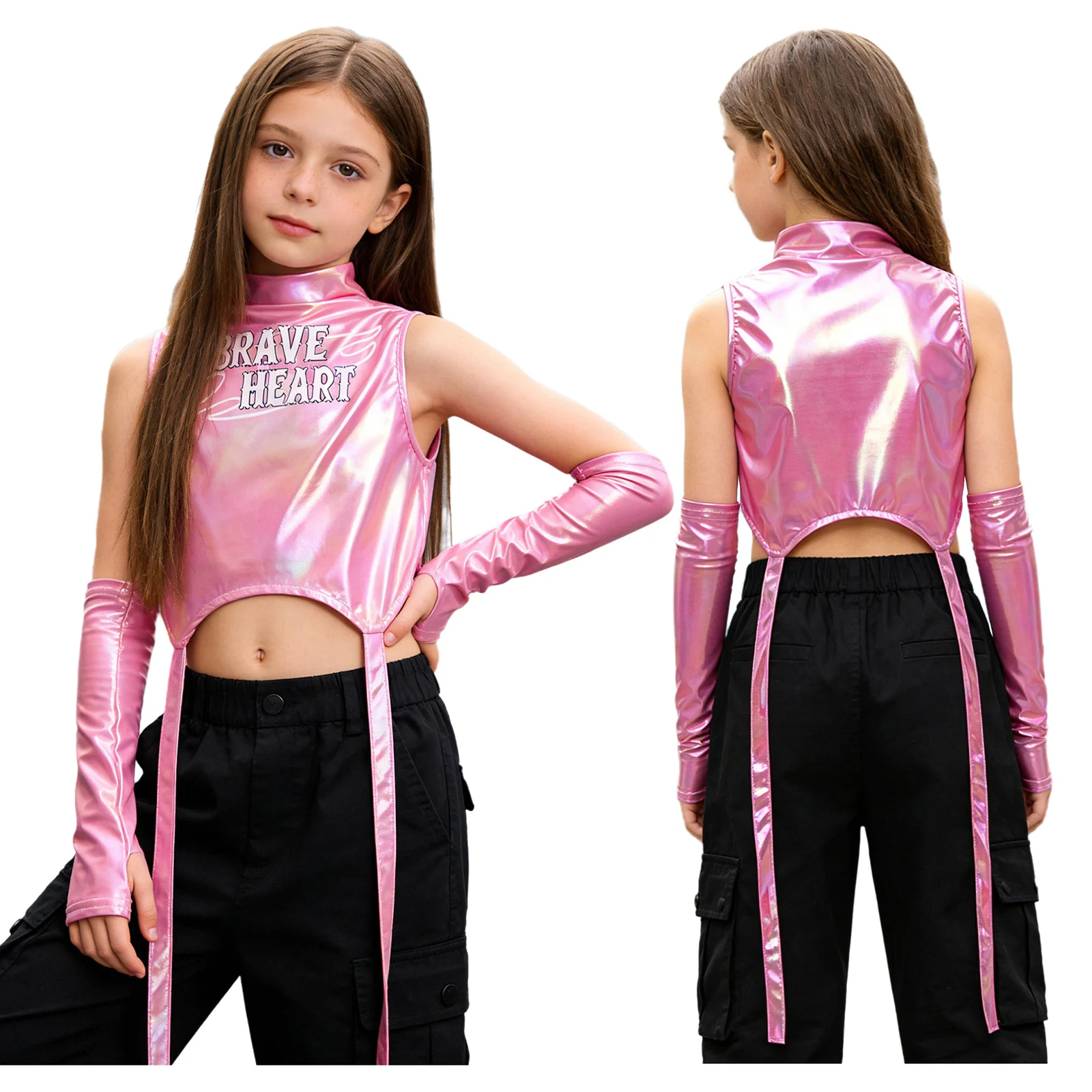 

Металлический топ для танцев в стиле хип-хоп для девочек, без рукавов, с буквенным принтом, укороченный топ-жилет с перчатками для джазовых уличных танцев и выступлений на сцене